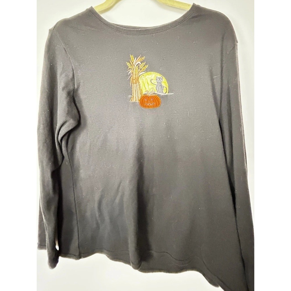 Women's Black Long Sleeve Halloween Pumpkin Graphic Embroidered Tee Size L